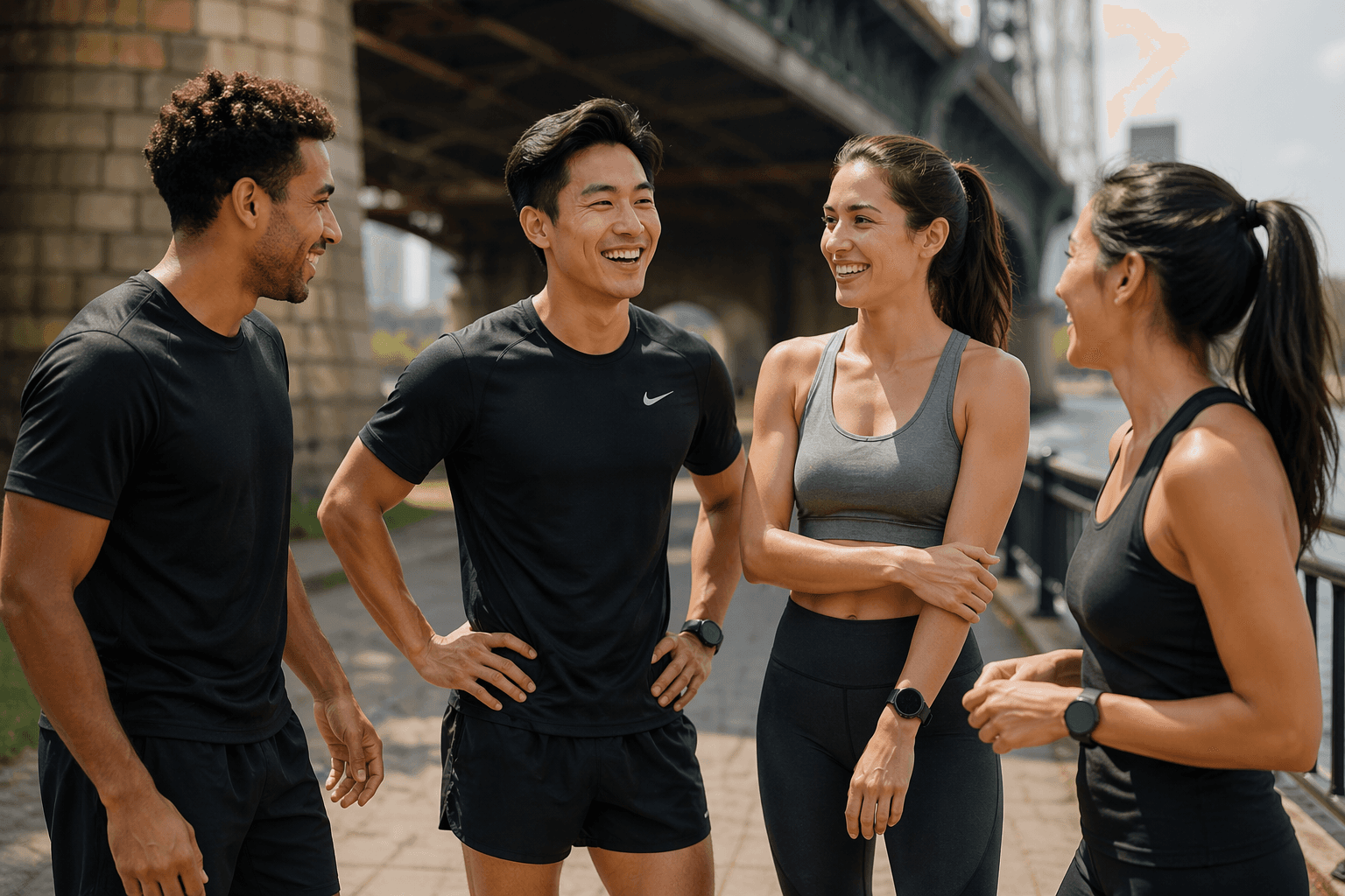 Group of smiling runners near a bridge.