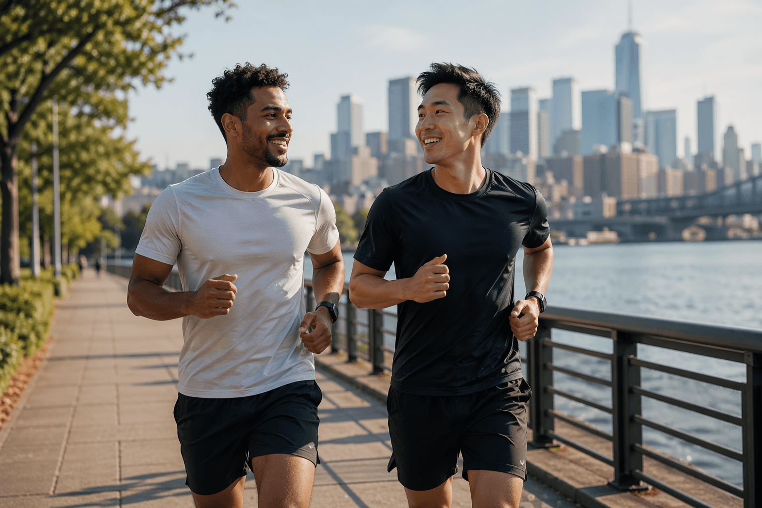 Two runners smiling together
